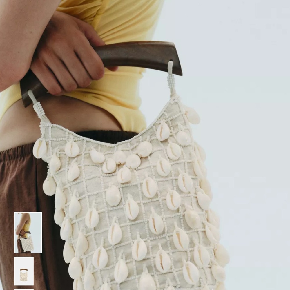 Zara Cream Beaded Shell Bag with Wooden Handle - Picture 3 of 8